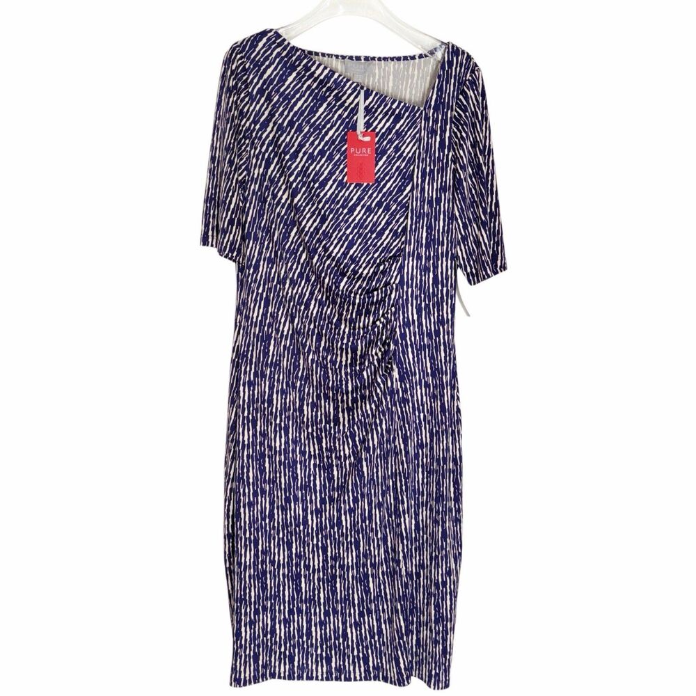 Pure Collection Dress Size 18 Silk Jersey Dress Blue White Abstract Print NWT